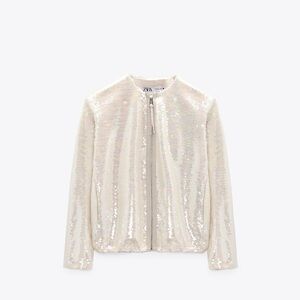 Zara Cream Sequin Bomber Jacket size Medium